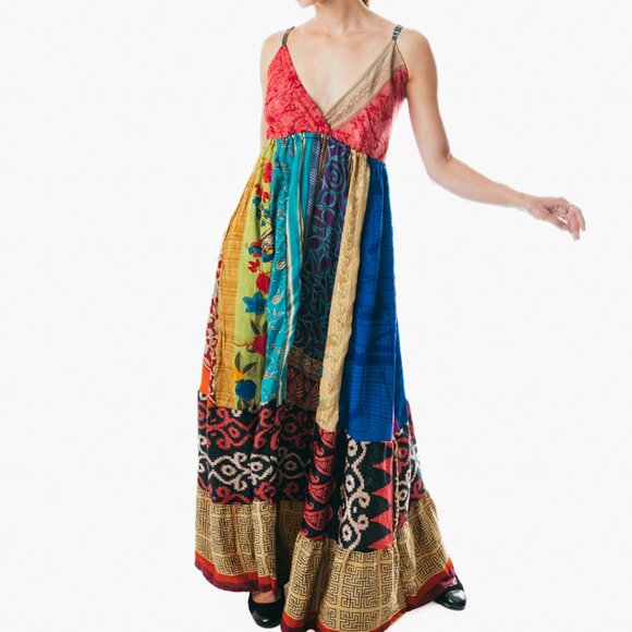 Boho Hippie Patchwork Spaghetti Strap Long summer gypsie midi color Dress - Picture 2 of 5